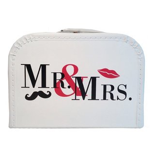 Hochzeitskoffer weiß "Mr. & Mrs." mit Bart & Mund, 20 cm, mit Borde