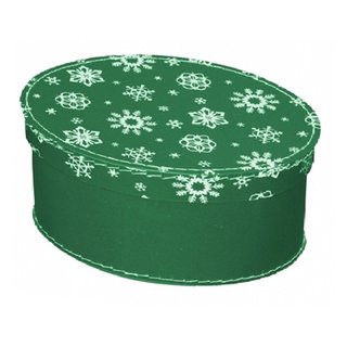 Pappdose Weihnachten oval grün mit Schneeflocken auf Deckel 29 cm