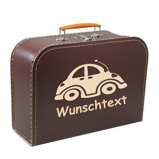 Kinderkoffer 16 cm braun mit Auto beige und Wunschname
