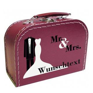 Hochzeitskoffer 16 cm bordeaux Mr. & Mrs. mit Frack & Kleid und Wunschtext