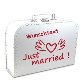 Hochzeitskoffer 20 cm weiß "Just married!" rot mit Wunschtext