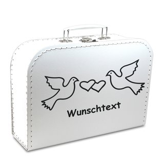 Hochzeitskoffer 25 cm weiß mit Tauben schwarz und Wunschtext