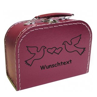 Hochzeitskoffer 20 cm bordeaux mit Tauben schwarz und Wunschtext