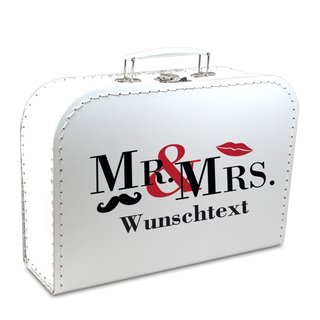 Hochzeitskoffer 45 cm weiß "Mr.&Mrs." mit Bart und Mund mit Wunschtext