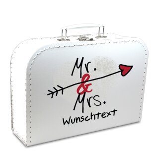 Hochzeitskoffer 20 cm weiß "Mr.&Mrs." mit Pfeil mit Wunschtext