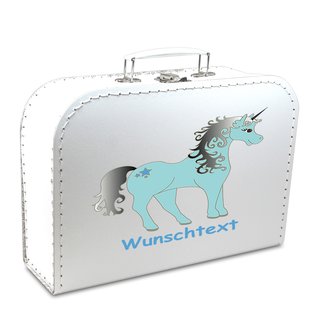 Kinderkoffer 30 cm weiß mit Einhorn blau und Wunschname