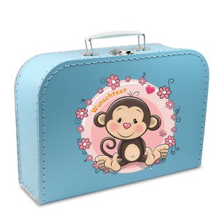 Kinderkoffer 45 cm blau mit Affe, Blumenborde und Wunschname