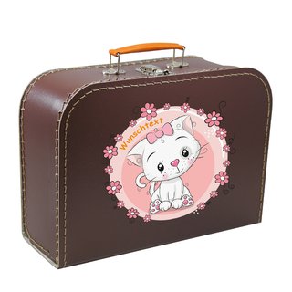 Kinderkoffer 30 cm braun mit Katze, Blumenborde und Wunschname