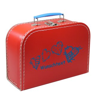 Pappkoffer 16 cm rot mit Herzen dunkelblau und Wunschname