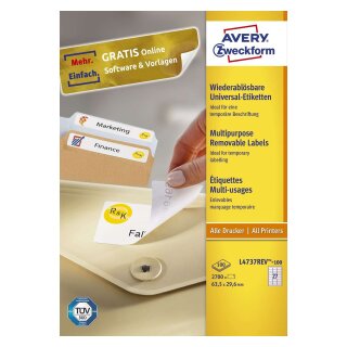 Avery Zweckform® L4737REV-100 Universal-Etiketten (A4, 2.700 Etiketten ablösbar, 63,5 x 29,6 mm) 100 Blatt weiß