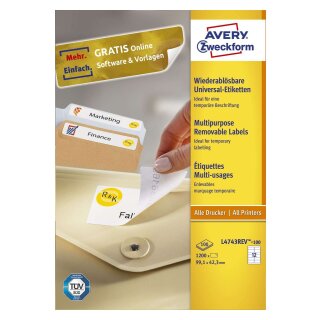 Avery Zweckform® L4743REV-100 Universal-Etiketten (A4, 1.200 Etiketten ablösbar, 99,1 x 42,3 mm) 100 Blatt weiß