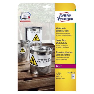 Avery Zweckform® L4778-20 Wetterfeste Folien-Etiketten (A4, 960 Stück, 45,7 x 21,2 mm) 20 Blatt weiß
