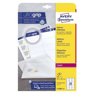 Avery Zweckform® L7160-40 Adress-Etiketten (A4, 840 Stück, 63,5 x 38,1 mm) 40 Blatt weiß