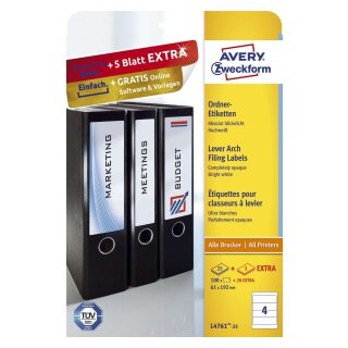 Avery Zweckform® L4761-25 Ordner-Etiketten, 61 x 192 mm, breite Ordner (kurz), 30 Bogen/120 Etiketten, weiß