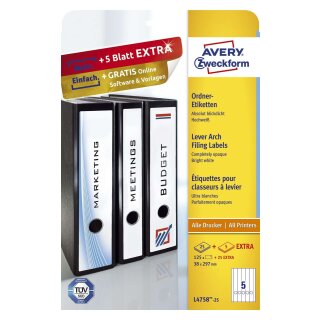 Avery Zweckform® L4758-25 Ordner-Etiketten, 38 x 297 mm, schmale Ordner (lang), 30 Bogen/150 Etiketten, weiß