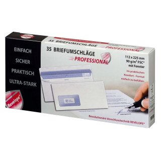 Briefumschlag Revelope® - 112 x 225 mm, m. Fenster, weiß, 90 g/qm, Innendruck, Revelope-Klebung, 35 Stück