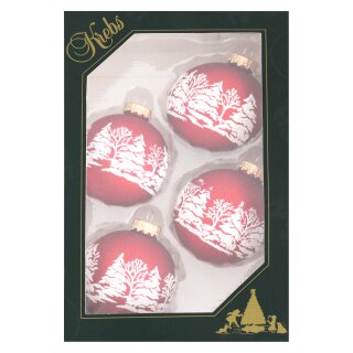 Krebs Glas Lauscha Weihnachtskugeln Rot mit Winterwald 4 Stück/Set, Ø 7 cm