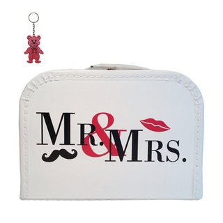 Hochzeitskoffer (mit Borde) weiß Mr. & Mrs. mit Bart & Mund inkl. 1 Reflektorbärchen