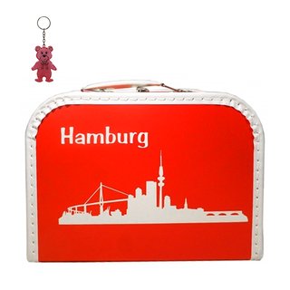 Pappkoffer (mit Borde) rot mit Skyline von Hamburg inkl. 1 Reflektorbärchen