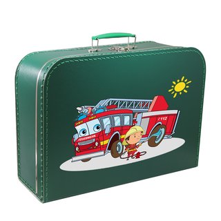 Kinderkoffer dunkelgrün mit Feuerwehr, Feuerwehrmann und Sonne