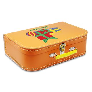 Kinderkoffer orange mit Geschenken und Wunschname