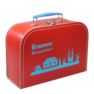 Pappkoffer rot mit Skyline Bremen und Wunschname