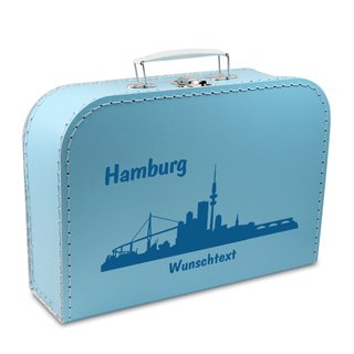 Pappkoffer blau mit Skyline Hamburg und Wunschname