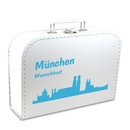Pappkoffer weiß mit Skyline "München" und Wunschname