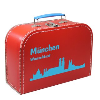 Pappkoffer rot mit Skyline München und Wunschname