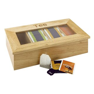 Esmeyer TEEBOX mit 4 Fächern, Aufschrift Tee, aus hellem Holz, mit Sichtfenster