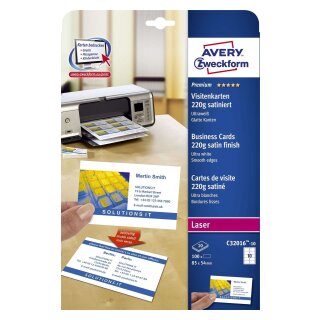 Avery Zweckform® C32016-10 Premium Visitenkarten, 85 x 54 mm, beidseitig beschichtet - satiniert, 10 Blatt/100 Stück