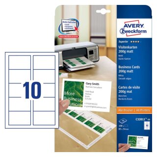 Avery Zweckform® C32011-10 Superior Visitenkarten, 85 x 54 mm, einseitig beschichtet - matt, 10 Blatt/100 Stück