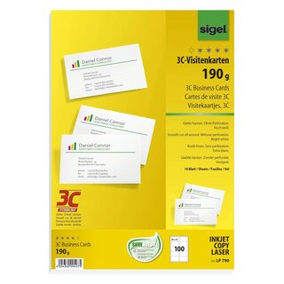 Sigel® Visitenkarten, 3C, glatter Schnitt rundum, 190 g/qm, hochweiß, 100 Stück