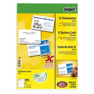 Sigel® Visitenkarten, 3C, glatter Schnitt rundum, 225 g/qm, hochweiß, 100 Stück LP795