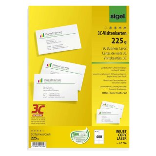 Sigel® Visitenkarten, 3C, glatter Schnitt rundum, 225 g/qm, hochweiß, 400 Stück