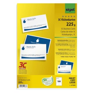 Sigel® Visitenkarten, 3C, glatter Schnitt rundum, 225 g/qm, hochweiß, 100 Stück LP850