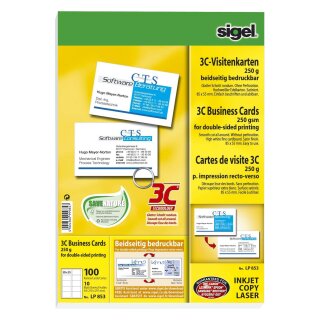 Sigel® Visitenkarten, 3C, glatter Schnitt rundum, 250 g/qm, hochweiß, 100 Stück LP853