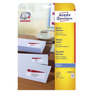 Avery Zweckform® J4791-25 Adress-Etiketten (Papier matt, 1.200 Stück, 45,7 x 21,2 mm) 25 Blatt weiß
