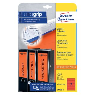 Avery Zweckform® L4762-20 Ordner-Etiketten - schmal/kurz, (A4 - 20 Blatt) 140 Stück, rot