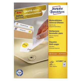 Avery Zweckform® L4732REV-100 Universal-Etiketten (A4, 8.000 Etiketten ablösbar, 35,6 x 16,9 mm) 100 Blatt weiß