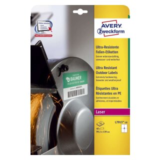 Avery Zweckform® L7915-10 Ultra-Resistente Folien-Etiketten - A4, 20 Stück, 99,1 x 139 mm, 10 Blatt weiß