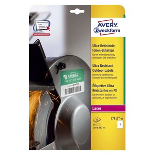 Avery Zweckform® L7917-10 Ultra-Resistente Folien-Etiketten - A4, 10 Stück, 210 x 297 mm, 10 Blatt weiß