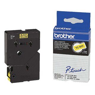 Brother® TC-601 Schriftbandkassetten, laminiert, 12 mm x 7,7 m, schwarz auf gelb