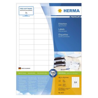 Herma 4271 Etiketten Premium A4, weiß 48,3x16,9 mm Papier matt 6400 St.