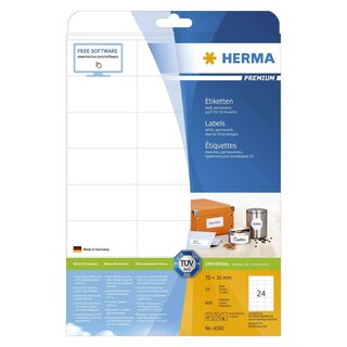 Herma 4360 Etiketten Premium A4, weiß 70x36 mm Papier matt 600 St.