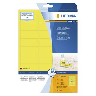 Herma 5140 Etiketten A4 neon-gelb 63,5x29,6 mm Papier matt 540 St.