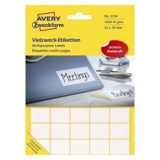 Avery Zweckform® 3318 Mini-Organisations-Etiketten, 22 x 18 mm, 30 Blatt/1.200 Etiketten, weiß