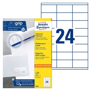 Avery Zweckform® 3422 Universal-Etiketten (A4, Papier matt, 2.400 Etiketten, 70 x 35 mm) 100 Blatt weiß
