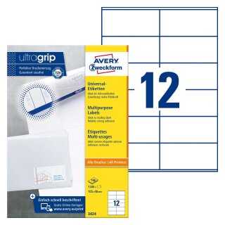 Avery Zweckform® 3424 Universal-Etiketten (A4, Papier matt, 1.200 Etiketten, 105 x 48 mm) 100 Blatt weiß