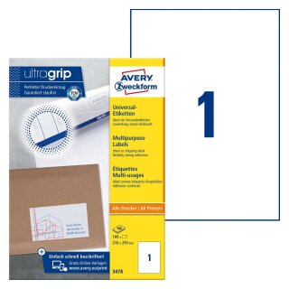 Avery Zweckform® 3478 Universal-Etiketten (A4, Papier matt, 100 Etiketten, 210 x 297 mm) 100 Blatt weiß